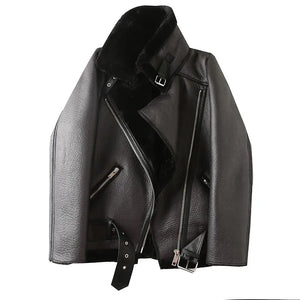 Women's Oversized Faux Leather Shearling Jacket with Zippered Closure in Black and White