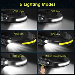 Multifunction COB LED Rechargeable Headlamp with Sensor & Wide Beam 6 Lighting odes