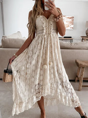 Bohemian Lace Long Summer Dress Solid Color Deep V-Neck Sleeveless Beachwear High Waist A-Line Wild Sling Dress