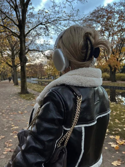 Faux Leather Jacket Women Double Sided Short Warm Thick Fur Lapel Chic Vintage Casual Outerwear