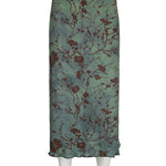 Y2K Floral Print Green Midi Skirt Vintage Green Midi Skirt Grunge Skirt Spring Summer Skirt