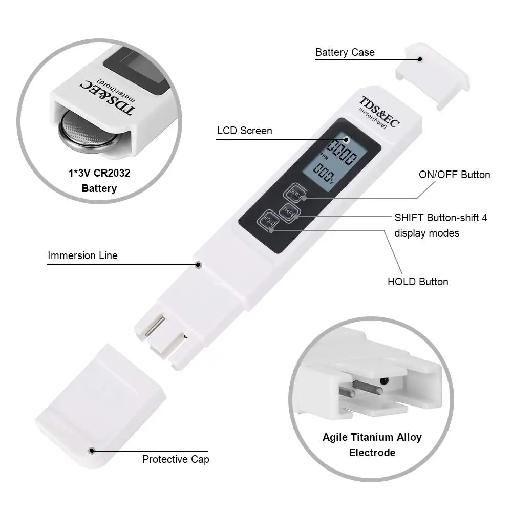 4-in-1 Digital Water Quality Tester TDS EC Meter, Range 0 to 9990 Multifunctional Water Purity Temperature TEMP PPM Tester