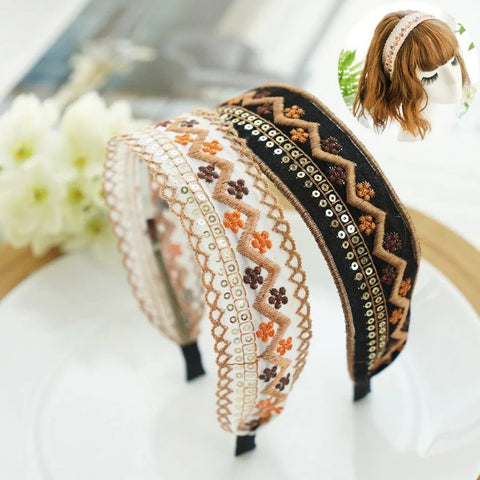 Headband Women Bright Silk Wide Embroidered Flower Crown Hairband Girls Hair Accessories Fashion