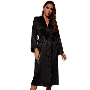 Women's Black Leopard Print Nightgown Kimono with Belt Sexy V-Neck Nightgown Loose Satin Sleepwear