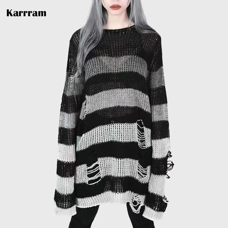 Gothic Punk Sweater Dress Women Striped Distressed Holes Aesthetic Casual Fashion Jumper