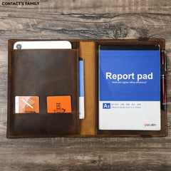 Brown leather Notebook Portfolio Folder with card slots and a report pad on a wooden surface