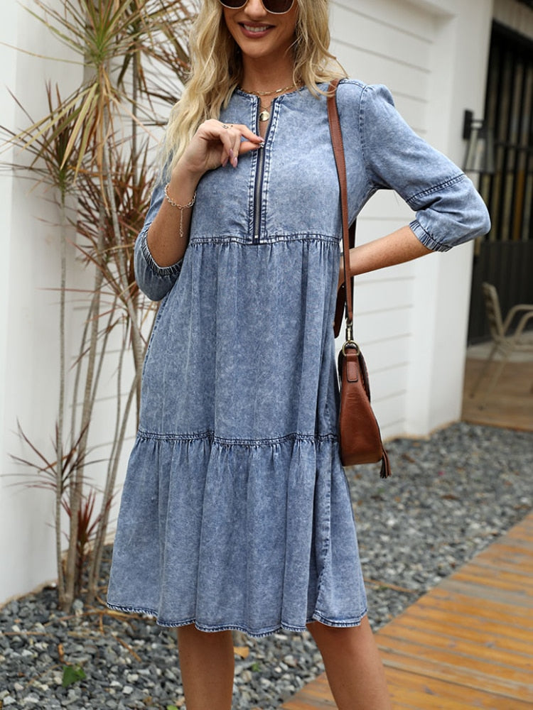 Denim Midi Dress Women Vintage Knee-Length Solid Color Casual Elegant Denim Midi Dress Women Vintage Knee-Length Solid Color Casual Elegant