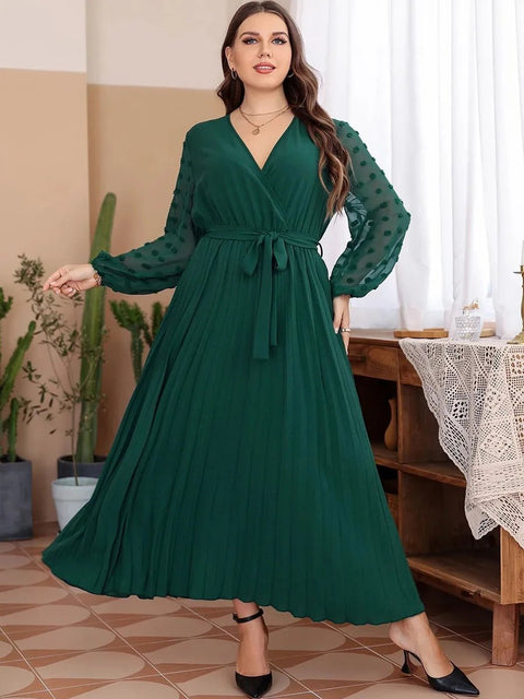Plus Size Maxi Dress Women V-Neck Lace Mesh Sheer Long Sleeve Chiffon Pleated High Waist Party