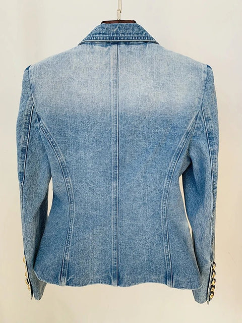 Denim Blazer Women Slim Fit Double Breasted Gold Lion Button Jean Jacket Chic Fashion Outerwear