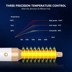 Hair styling tool with temperature control chart on a dark background