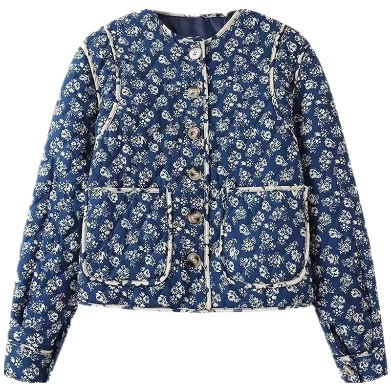 Blue floral patterned jacket on a white background