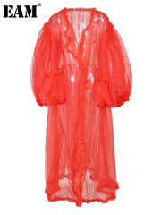 Women's Red Dot Mesh Long Over Size Holiday Dressing Gown Duster V-neck Long Sleeve Loose Fit Gown