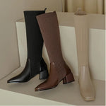 Knitted w/ Faux Leather Knee-High Sock Boots for Women New Fashion Slip On Med Heel Retro Elastic Boots