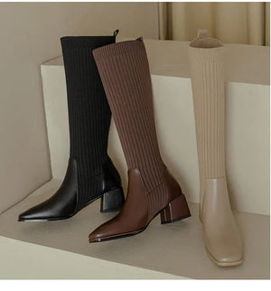 Knitted w/ Faux Leather Knee-High Sock Boots for Women New Fashion Slip On Med Heel Retro Elastic Boots