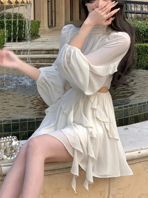 Long Sleeve Mini Dress Women Chiffon Y2K Lolita Casual Elegant Office Fashion Dress