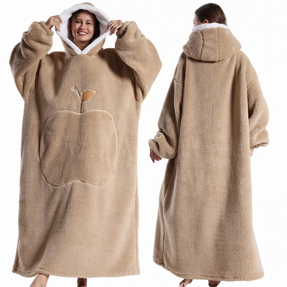 Beige fleece poncho with hood worn by a person, shown from front and back on a white background.