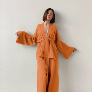 Women's Kimono Style Pajamas Cotton Long Drop Sleeve Flared Pajama Set