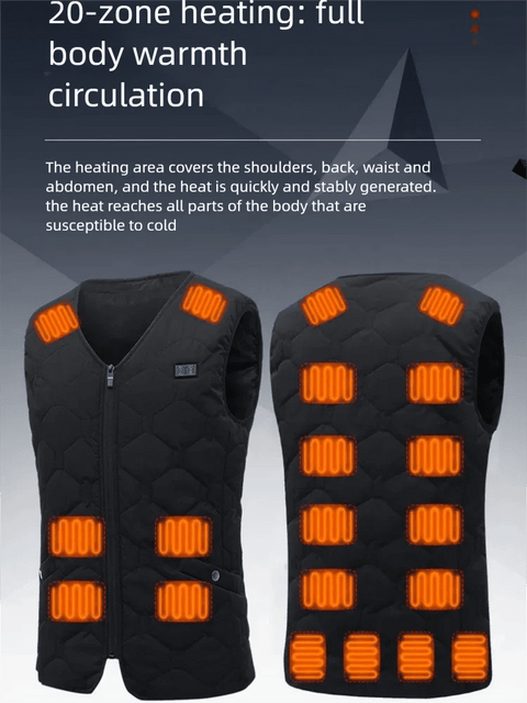 Black heated vest with orange heating elements on a gray background