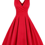 Red Pleated Plain Solid Vintage Dress Wrap V-Neck Belted Elegant Party Retro Spring Summer Dresses