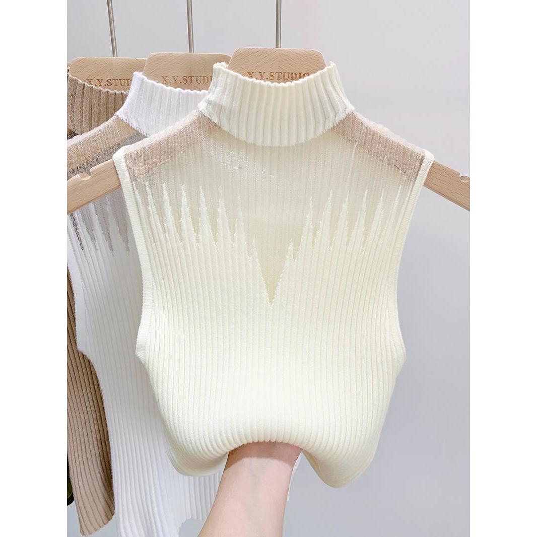 Women's Sleeveless Upper Mesh Turtle Neck Knitted Top Pullovers Top