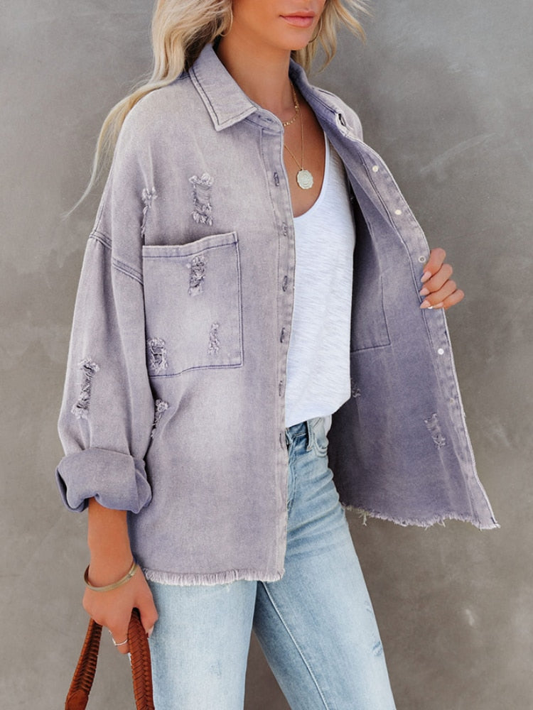 Women's Oversized Button Down Denim Jacket Oversized Soft Lightweight Ripped Fringe Denim Casual Jacket