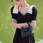 New Fashion Elegant Black Midi Dress Office Party Vintage A-Line V-Neck Pearl Detail Long Dress