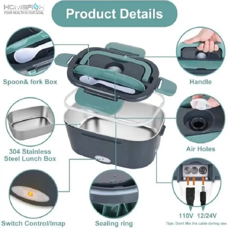 1.5 L 60W Electric Lunch Box Food Warmer Portable Food Heater for Car Or Home - Leak Proof 304 Stainless Steel Liner