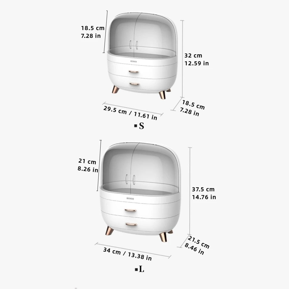Dimensions of two cylindrical furniture pieces with measurements in centimeters and inches.