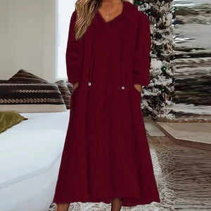 Warm Hooded Sweatshirt Loose Dress for Women Fleece Long Sleeve Pullover A-Line Dress