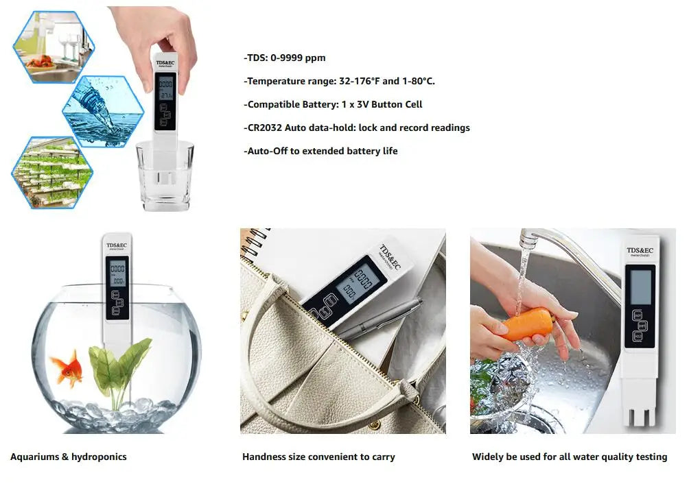 4-in-1 Digital Water Quality Tester TDS EC Meter, Range 0 to 9990 Multifunctional Water Purity Temperature TEMP PPM Tester