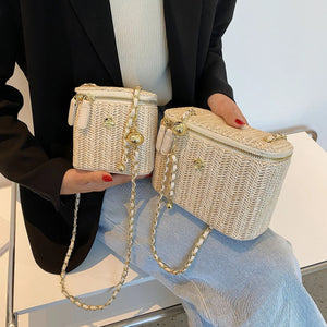 Straw Bucket Crossbody Bag - Fashion Weave Handbag with Chain Chic Shoulder Bags Purses