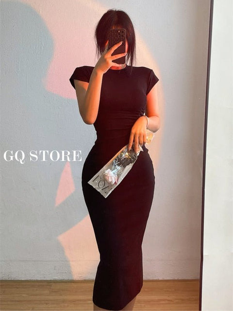 High Waist Slim Hip Maxi Dress Women Short Sleeve Round Neck Casual Elegant Fashion Dress