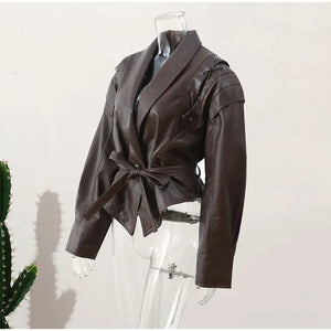 New Fashion Faux Leather Women's Short Jacket With Belt Turn Down Collar Long Sleeve Motorcycle Coat Warm Outerwear