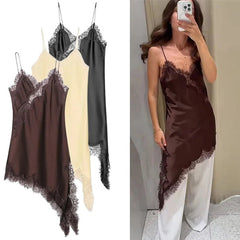 Set of lace-trimmed slip dresses in brown, beige, and black with a person wearing one in a mirror selfie.