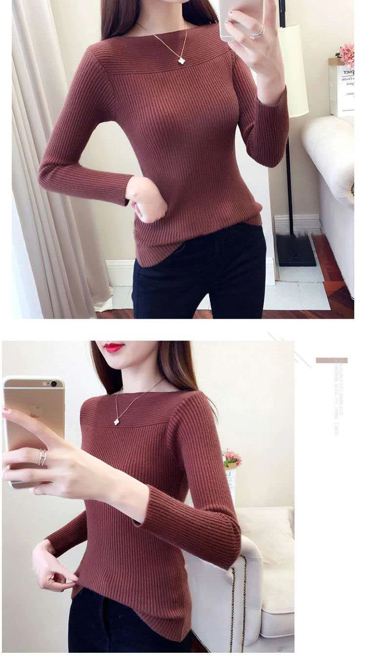 Ribbed Slash Neck Slim Sweater Knitted Long Sleeve Office Casual Solid Pullovers For Women