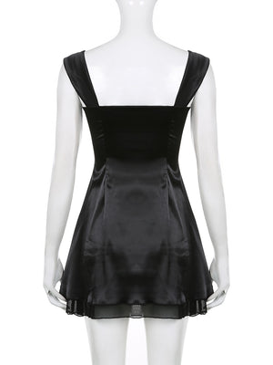 Women's 2- Layer Y2K Mini Dresses Black Coquette Goth Kawaii Square Collar A Line Dress