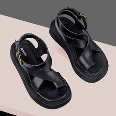 Sandals for Women Genuine Leather Clip Toe Gladiator Style Med Platform Ladies Sandals
