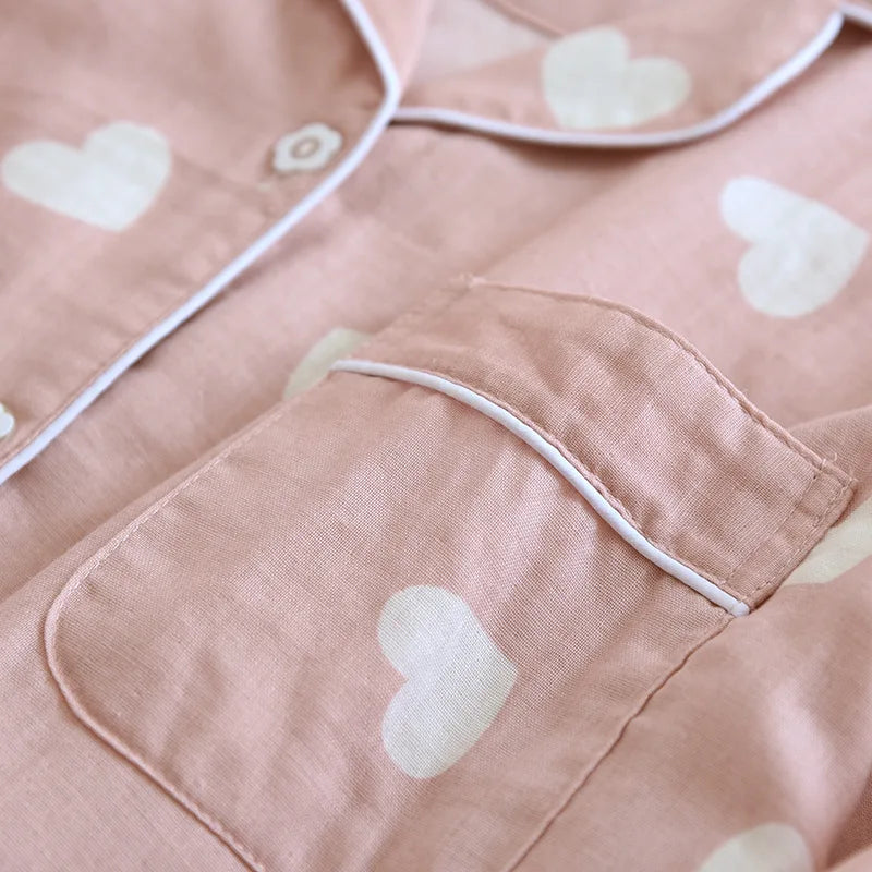 Heart-Print Long-Sleeve Pajama Set 100% Cotton