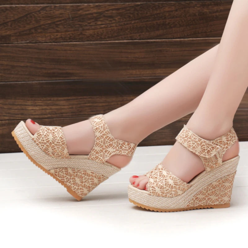 Boho Lace Wedge Sandals for Women – Summer Platform Peep Toe Espadrilles with Adjustable Strap