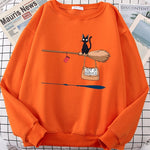 Cute Cat Not In Service Printed Sweatshirts for Women Halloween Casual Crewneck Sportswear Fleece Warm Sweatshirt Loose Autumn Clothes