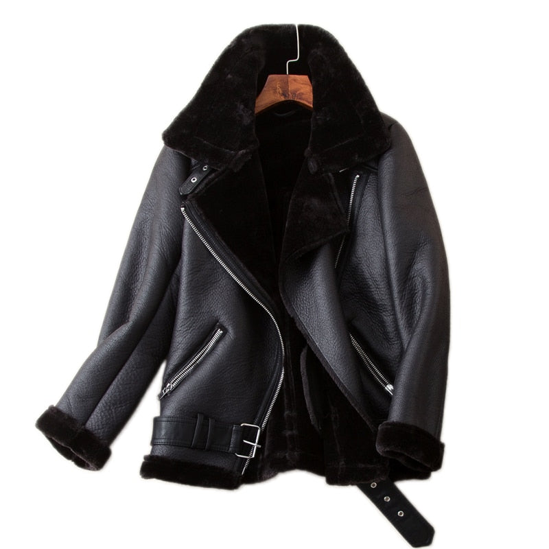 Women's Faux Leather Jacket Sheepskin For Collar and Sleeve