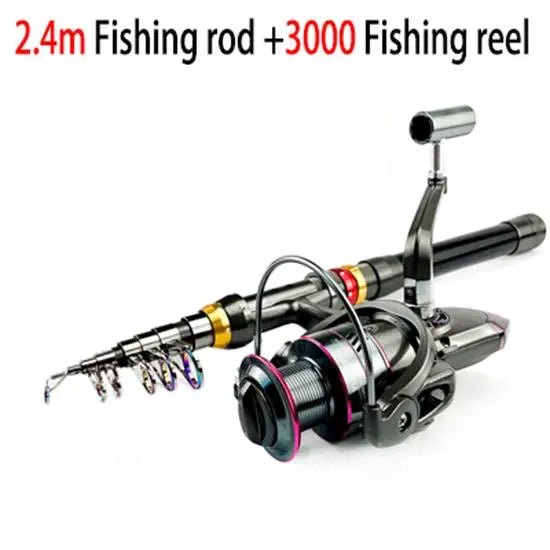 Fishing rod and reel set with specifications on a white background