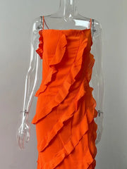 Elegant Pretty Long Dress With Side Split Spring Summer Sleeveless Backless Ruffles Formal Evening Wedding Party Dress