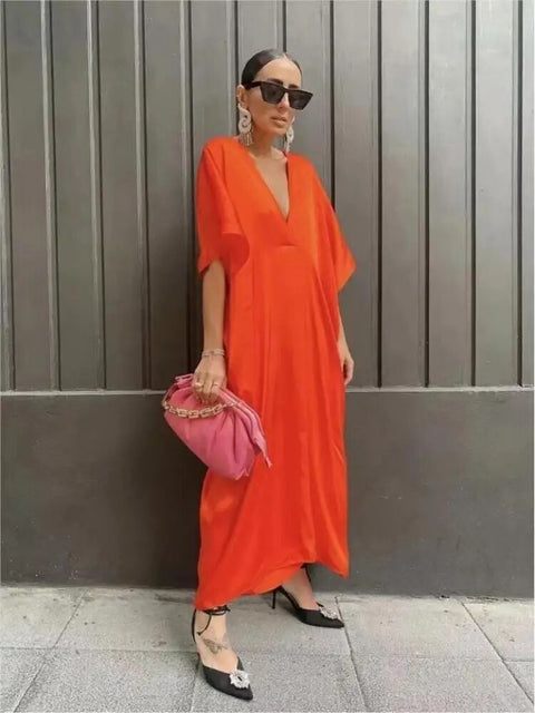 Kimono Maxi Dress Women Long Kaftan Chic V-Neck Casual Satin Pleated Elegant Fashion Dress