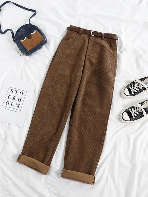Corduroy Pants Women High Waist Vintage Wide Leg Belt Cotton Casual Streetwear Fashion Trousers