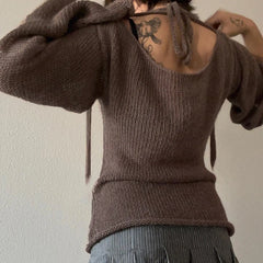 Vintage Flare Sleeve Knitted Backless Tie Up Back Sweater for Women Loose Y2K Aesthetic Pullover Sweater