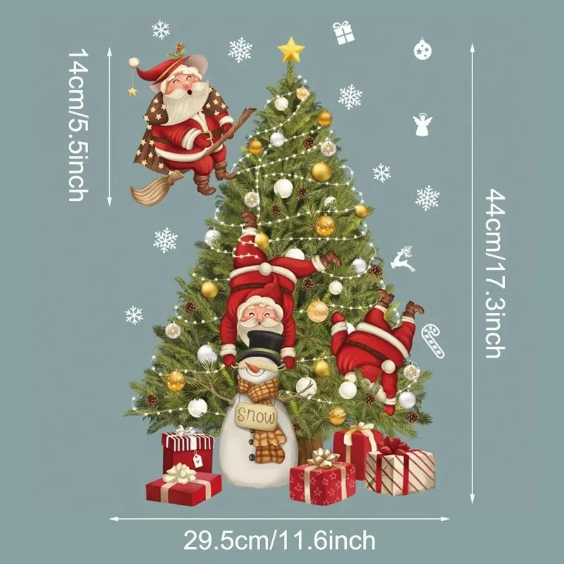 Decorative Christmas tree with Santa Claus and snowman wall stickers on a gray background.