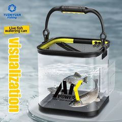 Fishing water can with fish inside on a water background, featuring YUZHIYUAN Fishing branding.