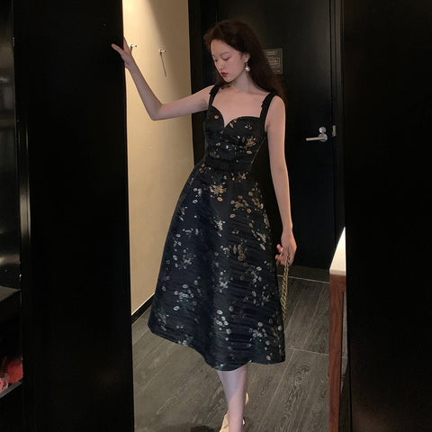 Floral Midi Dress Women Black Sleeveless V-Neck Elegant Party Casual Fashion Dress