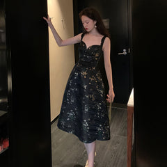 Black Floral Sleeveless V-Neck Party Midi Dress
